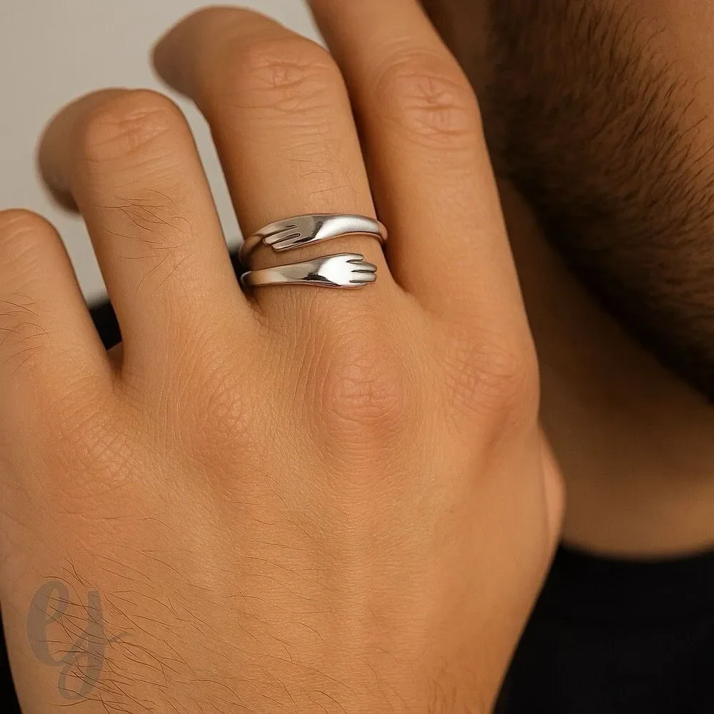 Hugging Hands Adjustable Ring Set – 2 Silver Tone Rings - Picture 4 of 7
